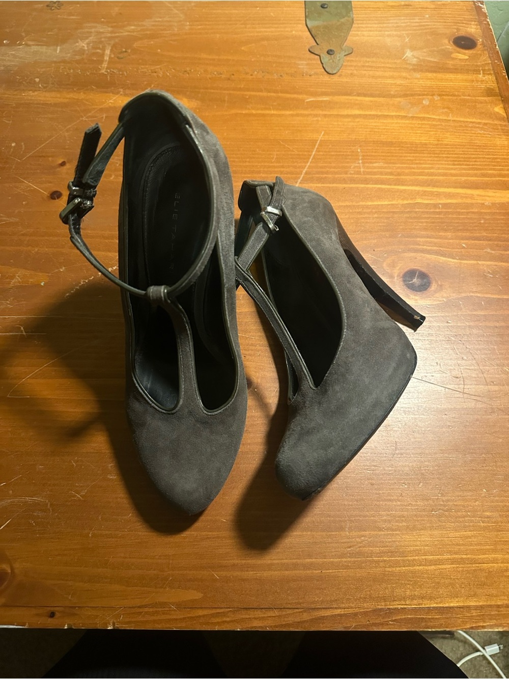 Elie Tahari Dark Gray Suede T-Strap Platform Pumps